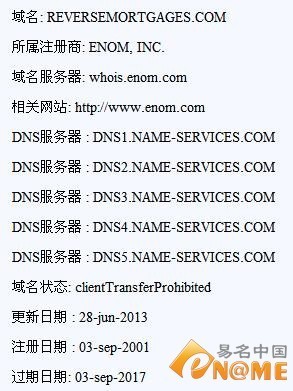 367万元!反向抵押域名ReverseMortgages.com交易:域名新闻:域名门户:eName.CN